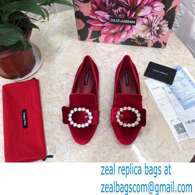 Dolce  &  Gabbana Velvet Crystals Loafers Slippers Red 2021